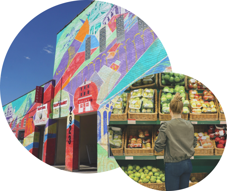 two images, one of a colorful mural and the other of a woman browsing a produce shelf