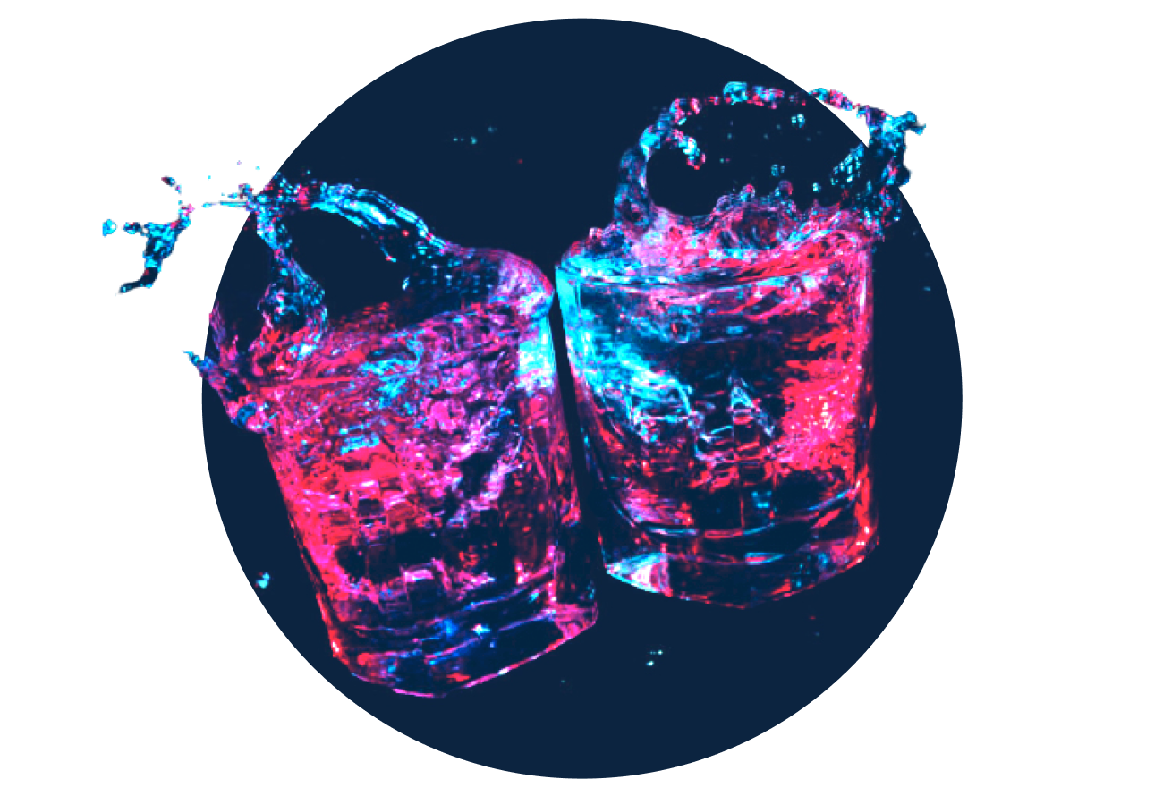 technicolor drinks in glasses clinking