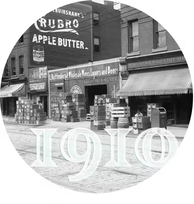 the Strip District Terminal building in 1910, with a wall advertisement for Crubo Apple Butter