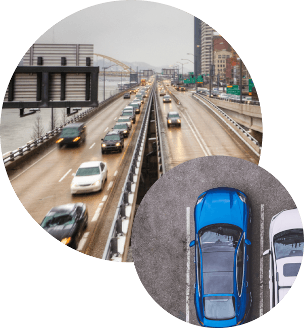 two images, one of cars on a four-lane highway and another, an overhead shot of two cars, one blue and one white, in a parking lot