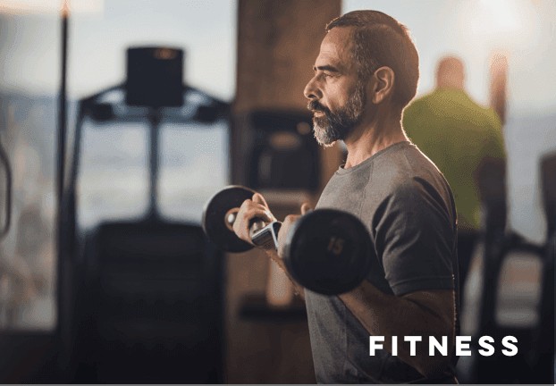 a man lifting dumbbells, with text reading Fitness