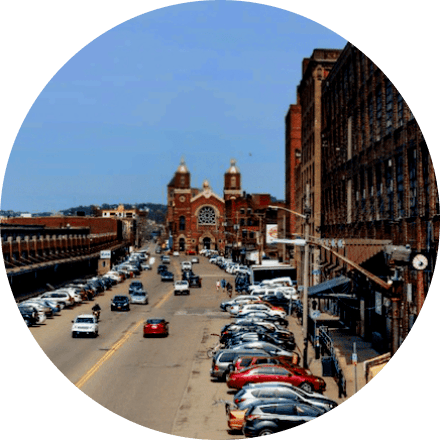 Smallman Street, picturing the Terminal Building and cars parked on street