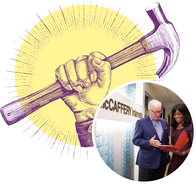 a composit of an illustrated hand holding a hammer and, in the foreground, two property developers, an older white man and younger Black woman, looking at papers near a wall containing the McCaffery logo